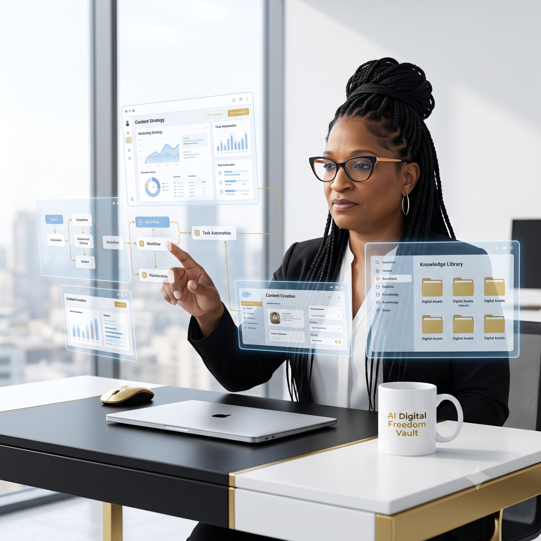 Executive using AI-powered dashboards for content strategy, workflow automation, and knowledge management.