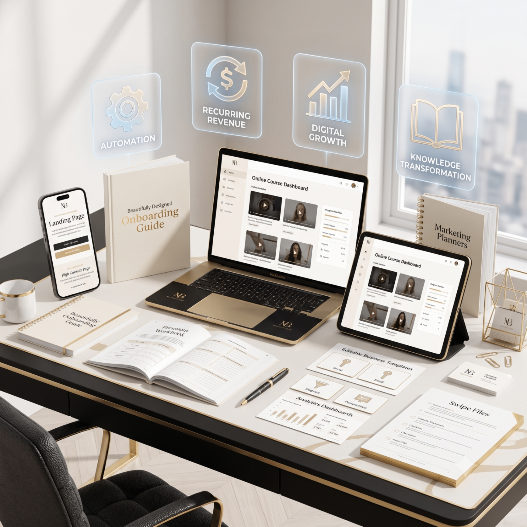 Beautifully designed digital product suite — onboarding guide, dashboard, workbook, and marketing planners on a desk.
