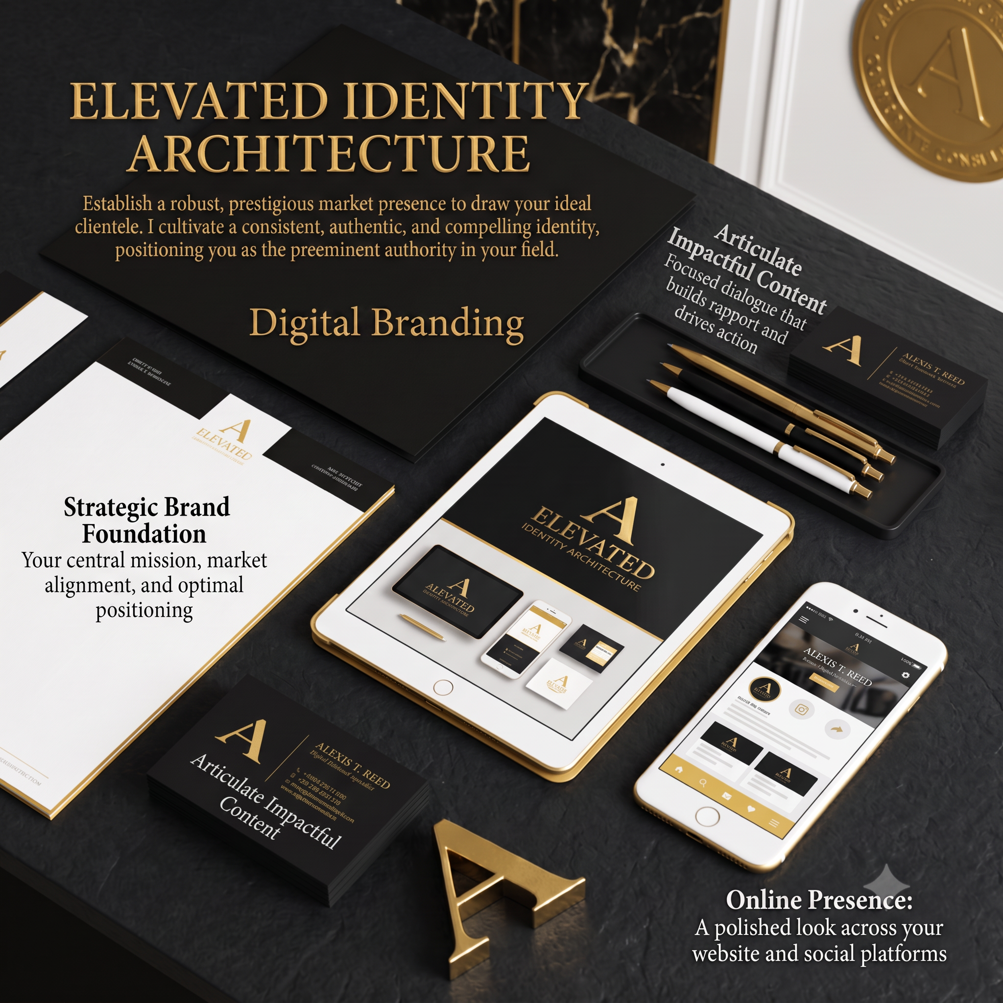 Elevated brand identity system with stationery, tablet and phone mockups in black and gold.