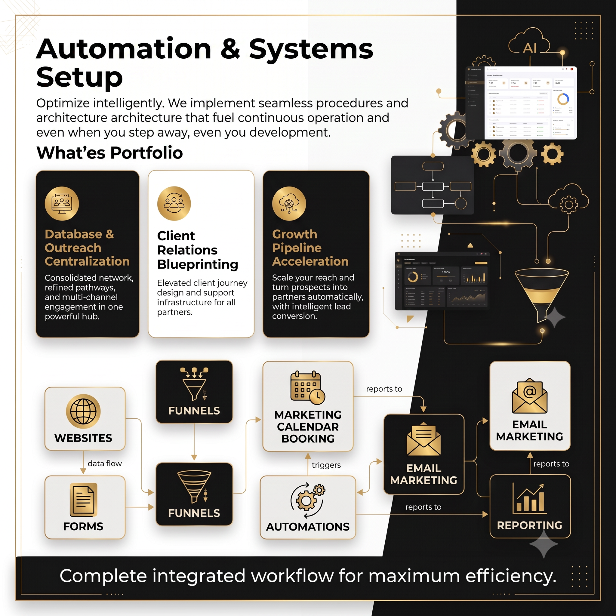 Diagram showing process and intelligence integration across websites, funnels, forms, email, automations and reporting.
